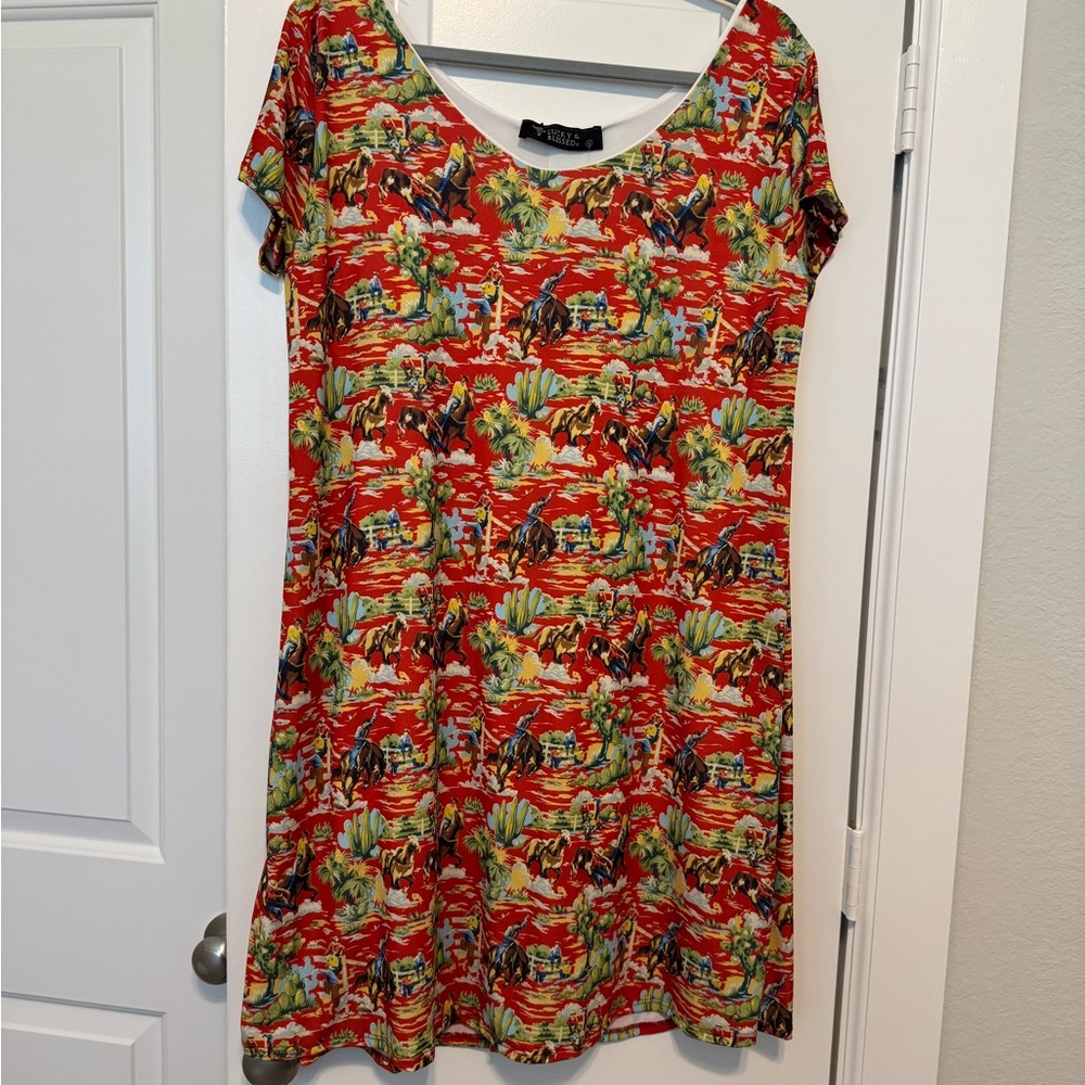 Lucky & Blessed Red and Green Western Print Dress